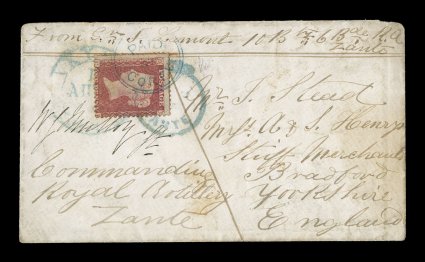 1861 Soldiers letter from the Ionian Islands to England, small cover originating in the Ionian Islands from a British soldier serving in the 10th Btn. 6th Brigade, Royal
Artillery, with blue Greek style c.d.s of Zakynoos and with British Crown
