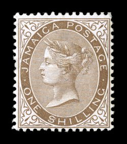 S.G. 24a, 1897 1- Brown, $ for S in Shilling variety, an exceptionally fresh and choice mint example of this scarce and popular plate variety, lovely rich color, o.g., barest
trace of hinging, very fine RPS certificate no. 157369 issued