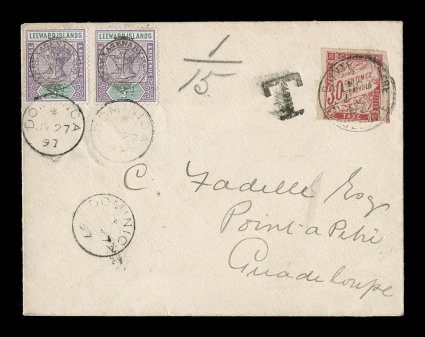S.G. 9, 1897 12p Jubilee overprint, two singles tied to underpaid cover (during the correct period) to Point-a-Pitre, Guadeloupe by DominicaJy 2797 c.d.s., rated 115 and with
postage due T handstamp, French 30c postage due tied (ev