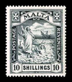 S.G. 96, 1919 10- Black, watermarked multiple Crown and CA, a gem mint example of this key rarity of Malta, being one of the finest quality copies we have had the pleasure to
offer, possessing a marvelous overall freshness, with deep luxu