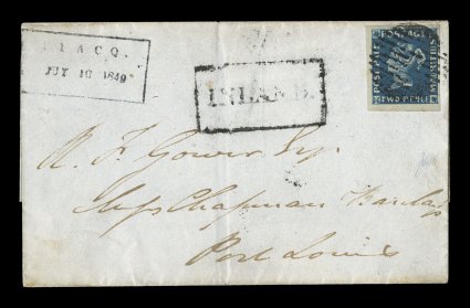 S.G. 4, 1848 2p Indigo Blue on bluish paper, Earliest Impression, position 11, a superb example with large to very large margins all around, strikingly intense color in the
distinctive Indigo shade which is only found on the earliest printings,