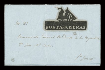 Punta-Arenas spectacular illustrated handstamp (PUN-Pmk1) showing a detailed full sail brigantine on the ocean, with Punta-Arenas in negative type below, a marvelous complete and
bold strike on a November 13, 1848 folded letter to San Jose, l