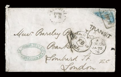 1 var., 1863 12r Blue, diagonal bisect, small fault to one corner, tied to cover to London by boxed (?) Jan 76 handstamp cancel, matching small San-JoseEnero 9 76Costa-Rica
c.d.s. (SJ-Pmk7), blue oval senders handstamped cachet at left,