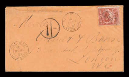 2, 1863 2r Scarlet, single with fine centering, tied to orange colored cover to London by boxed 12 Feb 81 handstamp, with two matching San-Jose12 Feb 81Costa-Rica double ring
c.d.s. (SJ-Pmk9), the cover sent to England via Limon and was ra