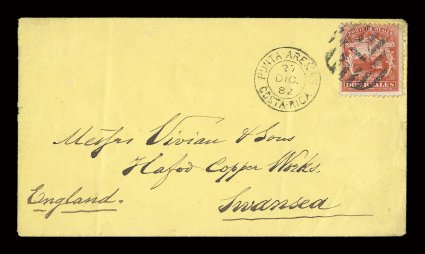 2, 1863 2r Scarlet, centered to top, paying only the required exterior postage and tied to attractive canary colored cover to Swansea, England by barred numeral cancel of
Puntarenas, with matching Punta-Arenas27 Dic. 82Costa Rica double ring