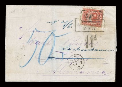 2, 1863 2r Scarlet, single with fine centering, tied to folded entire from San Jose to Frankfurt, Germany, being one of only two recorded first issue covers to Germany, boxed
15 Jul 73 handstamped cancel of San Jose ties stamp, carried via