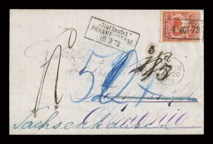 2, 1863 2r Scarlet, fine single, tied to folded letter to Frankfurt, Germany from the same correspondence as the previous lot, boxed 4 Agt 73 clear handstamp ties stamp, and
like the other cover it was sent via Colon with A ColonAu 2073 c.d