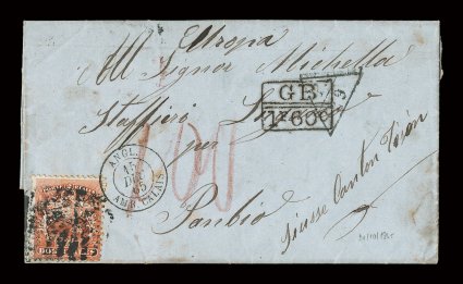 2, 1863 2r Scarlet, centered to bottom right, tied to very rare folded entire to Switzerland, being the only recorded cover to Switzerland bearing the first issue of Costa
Rica, tied by blurred barred numeral cancel of San Jose, likely carri
