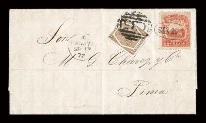 2, 1863 2r Scarlet, used in combination with Great Britain 1872 6p Brown, Plate 11 (59), both tied to marvelous folded entire dated September 4, 1872 from San Jose to Lima,
Peru, Costa Rica stamp tied by San Jose oval postmark (SJ-Pmk5), Grea