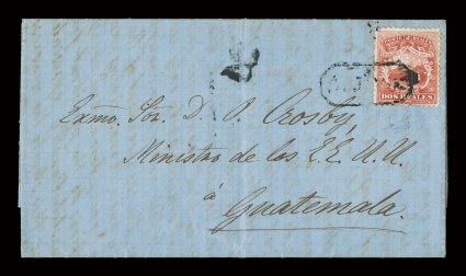 2, 1863 2r Scarlet, fine single tied to rare folded entire from San Jose to Guatemala dated September 29, 1863, stamp tied by early style large oval San Jose cancel (SJ-Pmk3),
carried from Puntarenas north to San Jose de Guatemala by Panama Ra