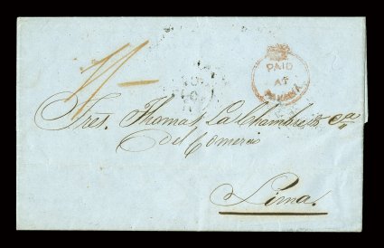 Paid at Panama red Crowned Circle (S.G. CC1), excellent strike on folded letter datelined Punta Arenas, Mayo 13, 1849 and sent to Lima, Peru, PanamaJu 28, 1849 double circle
c.d.s. over letterjoin on reverse, very fine an especially choi