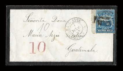 1, 1863 12r Blue, left wing margin example, used on outstanding small mourning cover from San Jose to Guatemala, stamp cancelled by boxed 11 Nov 82 postmark (SJ-Pmk7), with
larger matching double ring San Jose11 Nov 82Costa-Rica c.d.s.