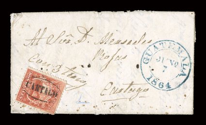 2, 1863 2r Scarlet, fine single used on a very rare incoming folded letter to Cartago from Guatemala, with blue double ring GuatemalaJuno 71864 c.d.s. at right, the sender
endorsed the letter at left con 3 tersios (a misspelling of tercios