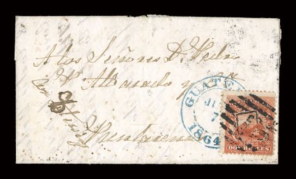 2, 1863 2r Scarlet, nearly fine single used on another very rare companion incoming folded letter to Puntarenas from Guatemala, with blue double ring GuatemalaJuno 71864 c.d.s.
at right, endorsed with 8 tercios at bottom left, upon arrival