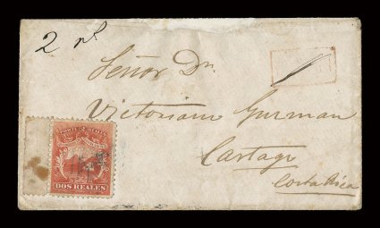 2, 1863 2r Scarlet, left sheet-margin single used on a most unusual inbound cover from Guatemala to Cartago in 1868, at a time when Costa Rican stamps were no longer required
on inbound covers by virtue of the 1866 Decree, with blue Guatemala C