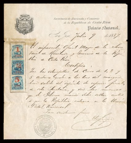 1881 Postmasters Notice, official handwritten notice announcing the 1c, 2c and 5c Surcharged stamps dated July 9, 1887, with coat of arms imprint at top and official, an
example of each stamp (Scott 7, 9 and 12) affixed at left, two horizon