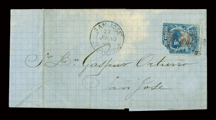 9, 2Cts. Surcharge on 12r Blue, tied by San Jose postmark on inbound folded cover from France, matching San Jose27 Julio 82 c.d.s. alongside, stamp with bottom right corner
missing, cover with light bleaching at top, fine appearance the