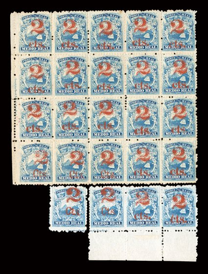 9 var., 1881 2 cts. Surcharge on 12r Blue, wrong font, five examples contained in a reconstructed block 24 ( block of twenty, strip of three and a single), with positions 16-18
and 21-22 from the block (positions 81-83, 92-93 on the sheet) ha