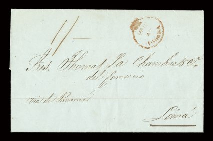Paid at Panama red Crowned Circle (S.G. CC1), nearly complete strike on folded letter datelined San Jose, Mayo 15, 1849 and sent to Lima, Peru, PanamaMy 2(?), 1849 double circle
c.d.s. over letterjoin on reverse, neat manuscript 1- rat
