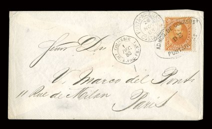19, 1883 10c Orange, tied by oval Admon. de Correos de Puntarenas as well as Punta Arena18 Nov. 83Costa Rica c.d.s. on cover to Paris (backstamped), ColombieLig. A. Paq. Fr.
No. 11 Dec. 83 octagonal pmk. on front, cover with tear a