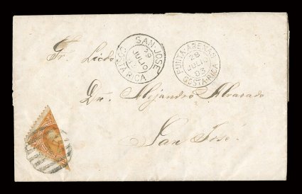 19 var., 1883 10c Orange, half used as 5c diagonal half tied by 1 in grid on local folded letter, San Jose29 Julio 83Costa Rica and Punta-Arenas28 Julio 83Costa Rica c.d.s.
postmarks at top, faint horizontal file fold just affects the