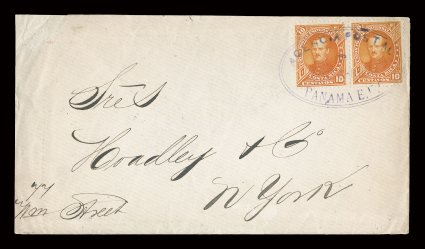 19, 1883 10c Orange, horizontal pair tied by violet oval Agencia Postalde Costa RicaPanama postmark on 1887 cover to New York, cover slightly reduced at left and with repaired
crease at top left, otherwise quite fresh, fine appearance a hig