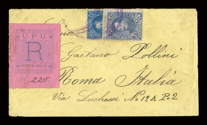 20 var., 1883 40c half used as 20c, horizontal bisect and single 5c tied by violet postmarks paying the proper 25 rate on registered cover to Italy, with San Jose16 Julio
85Costa Rica c.d.s. on back, as well as August 16 Rome backstamp, r