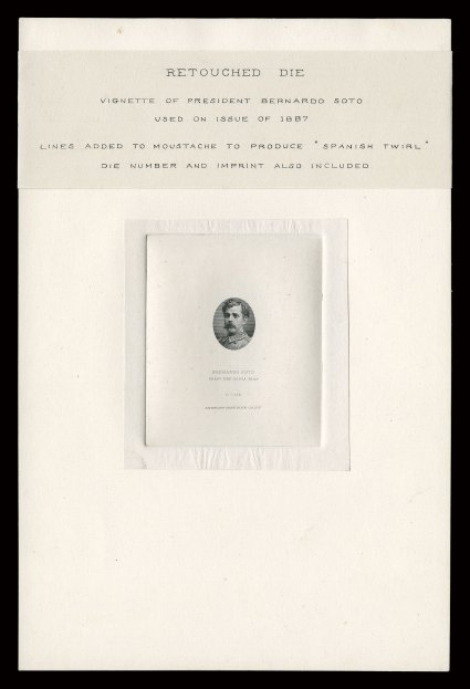 21E, Large die vignette essays, two die sunk on 149x225 cards, one is the first state of the vignette, with ms. pencil notes on card describing the needed changes, the second
is is the retouched state with with inscriptions at bottom, very fine