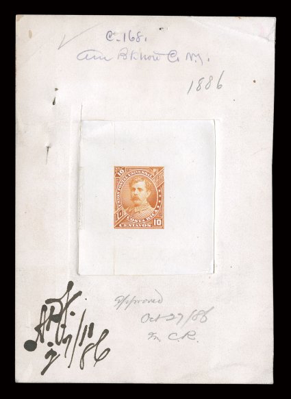 21P-22P, 1887 5c and 10c Soto, proof and essay group of eight items, includes large die essays similar to the above lot, plus another with various ms. notations, large die
proofs of each value in the issue color marked Approved, a small die vi