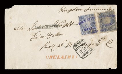 21, 1887 5c Blue violet, tied by scarce Admon. de Correos AmbulanteEntreCarrillo Y Limon Costa Rica violet straight-line cancel on 1889 cover to Jamaica, where is was marked
Unclaimed and returned to sender, the other original 5c stam