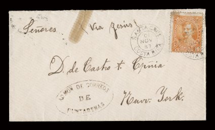 22, 1887 10c Orange, tied by seldom seen Santa Cruz01 Nov 87Costa Rica c.d.s. on cover to New York (Dec. 7 receiver), oval Puntarenas transit marking, ms. via Jesus indicating
it was sent via Puerto Jesus, stamp with staing at top left, co