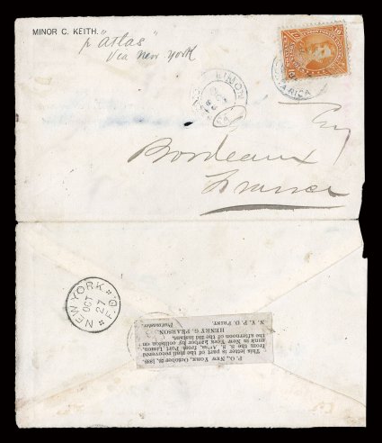 22, 1887 10c Orange, tied by 1888 Limon c.d.s. on cover to Bordeaux, France, with ms. pr. Atlasvia New York at top left, on the reverse is a label dated October 26, 1888
reading This letter is part of the mail recovered from the S. S. Atlas,