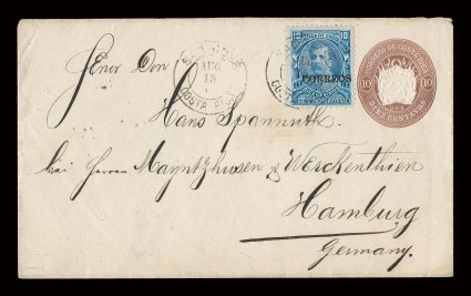 1889 10c Blue revenue with Correos overprint, tied to 10c Entire by San JoseAug 15 c.d.s., sent to Germany, with New York transit and 5.9.90 Hamburg receiver, fine the 10c
value is not listed, this is an extremely rare (and possibly unique)