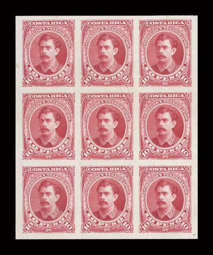 25TC-34TC, 1889 1c-10P Trial color plate proofs cplt. in sheetlets of nine, each in a different color, bright colors, very fine these impressions were taken from the original
die at a later date and prepared for Waterlow & Sons sample books, ve