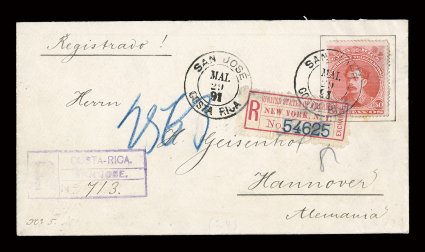 30, 1889 50c Rose red, tied by San JoseMai 29 91Costa Rica c.d.s. and New York registry label on cover to Germany, with violet registry handstamp at left, New York oval
registry backstamp, stamp with insignificant gum stain, otherwise quite