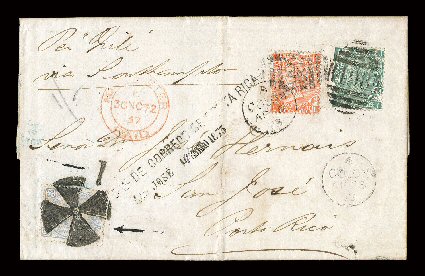 Spectacular 1872-73 three country combination usage folded letter, originating in Manchester, England, to San Jose (San Juan) Porto Rico, missent in error to San Jose, Costa
Rica, then finally sent on to Porto Rico as originally intended.This ama