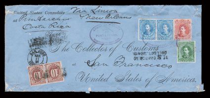 31, 1889 1P Blue, horizontal pair along with 50c Rose red (30) and 20c Yellow green (29) tied by violet oval Admon. de CorreosDe Puntarenas.Republica de Costa Rica handstamps
on legal size cover to the Collector of Customs, San Francisco,