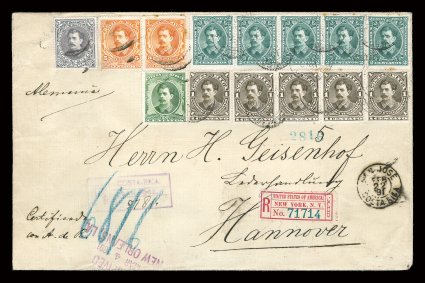 32, 1889 2P Dull violet tied along with 20c Yellow green (29), 5c Orange pair (27), 2c Dark green strip of five (26) and 1c Brown strip of five (25) by light San Jose pmks. on
1891 registered cover to Germany, additional 1c and 2c (two) valu