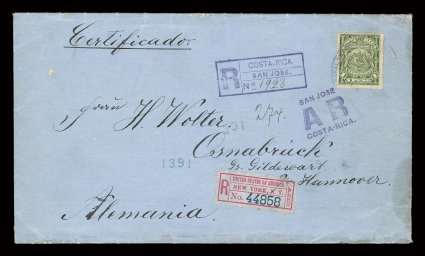 41, 1892 1P Green on yellow, tied by light Direccion General violet handstamp on registered cover to Germany, crisp AR and other registry markings and label, New Orleans and
New York transits as well as Osnabruck receiver, cover with trivial
