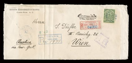 41, 1892 1P Green on yellow, offered here is the only other recorded example of the One Peso value on cover, being an 1896 registered usage to Austria, tied by light blue
postmark, proper registry markings, usual transits and Wien receiv