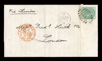 Great Britain 64a, 1873 1- Deep green, plate 9, fine single tied to rare 1874 folded letter originating in San Juan, Costa Rica, and sent via the British mails in Colon,
Colombia to London, first carried outside of the mails Via Limon (ma