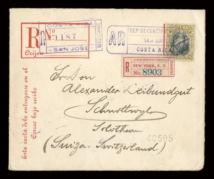 51, 1901 1Col Olive bister and black, tied by boxed AR violet registry postmark and New York registry label on 10c Registry formula card to Switzerland, appropriate transit
backstamps, unusually fresh and very fine the finest of the thr