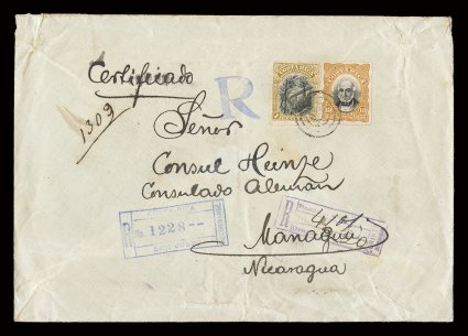 51, 1901 1Col Olive bister and black, tied along with 10c Ocher and black (48) by target cancel on registered cover to Managua, Nicaragua, appropriate registry markings, a
couple backstamps, cover with some wrinkling and edge wear, fine