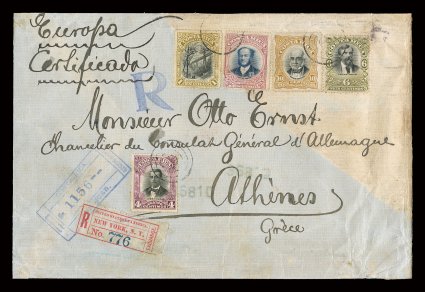 51, 1901 1Col Olive bister and black, amazingly, the Mayer collection contains the third of the three recorded examples of this stamp on cover, this being a 1904 registered
usage to Athens, Greece, with additional 1c, 4c, 6c and 50c valu