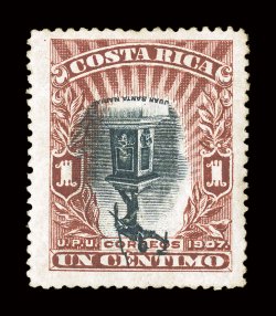 59 var., 1907 1c Red brown and indigo, Center Inverted, well centered, deep intense colors, o.g., minor gum crease, very fine no more than five examples have been
recorded.
