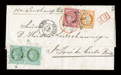 1857-1902 France inbound to Costa Rica postal history collection, a lovely and scarce group of fifteen covers, showing an interesting range of usages to San Jose, Costa Rica,
all marvelously franked with a variety of issues ranging from the imper