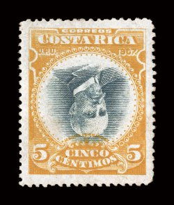 62 var., 1907 5c Yellow and dull blue, Center Inverted, exceptionally well centered, strong colors, o.g., h.r., trivial corner crease at top right, otherwise very
fine.