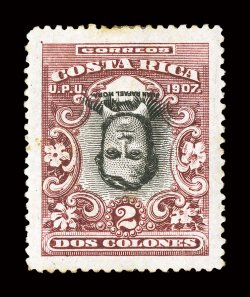 68 var., 1907 2Col Claret and black, Center Inverted, extraordinarily well centered, rich fresh colors, o.g., h.r., trivial toned spot at top, still very fine less than six
examples of the 2Col value with inverted center have been recorded,
