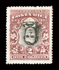 68 var., 1907 2Col Claret and black, Center Inverted, another example of this invert rarity, outstanding centering, strong colors, o.g., light crease and a tiny perf. tear at
top, very fine appearance.