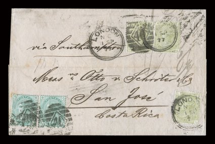 1865-77 Great Britain inbound postal history to Costa Rica, a desirable group of 23 folded entires or letters all sent from Great Britain - primarily from the cities of London
or Manchester - to San Jose in Costa Rica, showing a nice variety of r